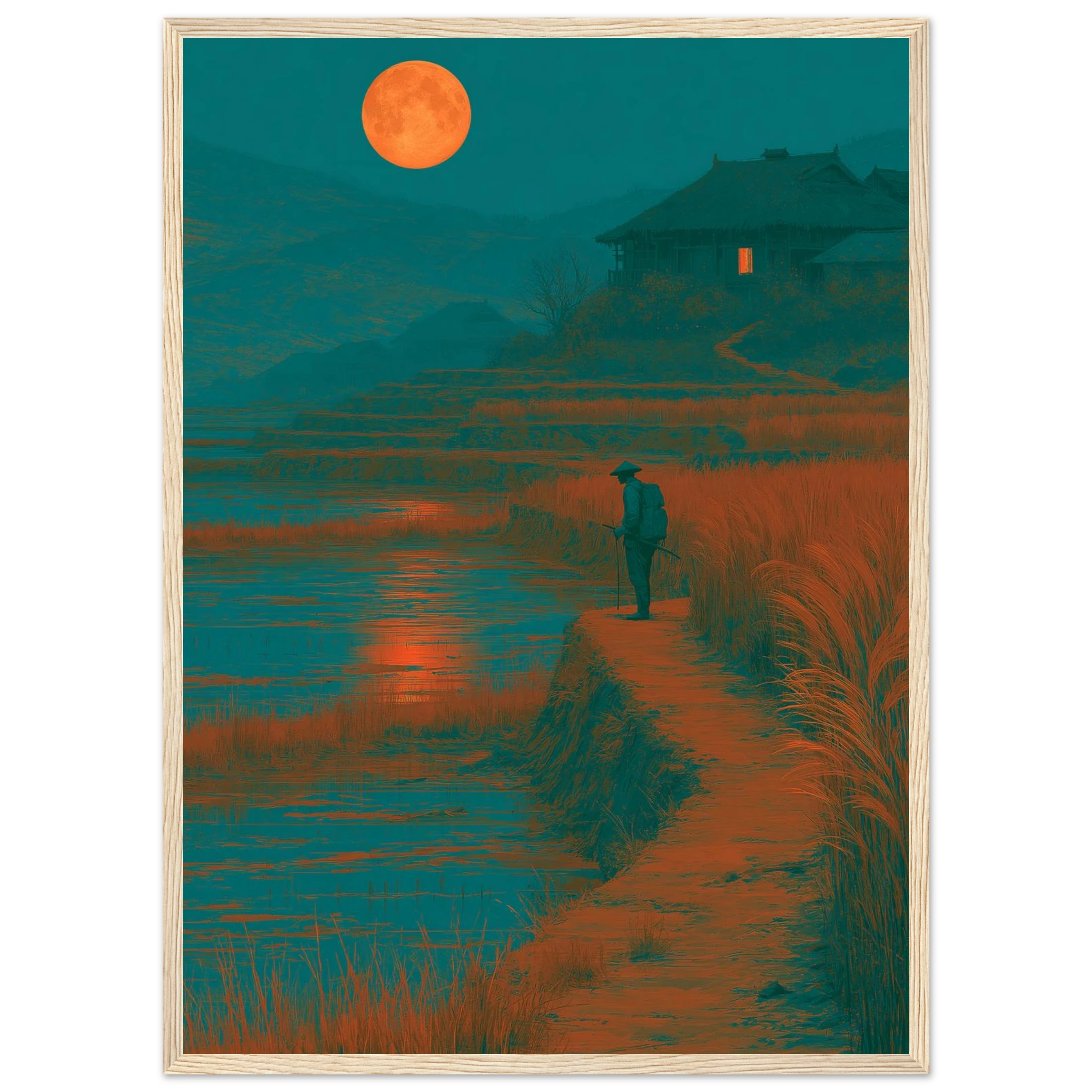 Poster Tsukimi encadré (cadre bois) — voyageur face à la pleine lune entre les rizières, affiche d'art japonais INKONAL