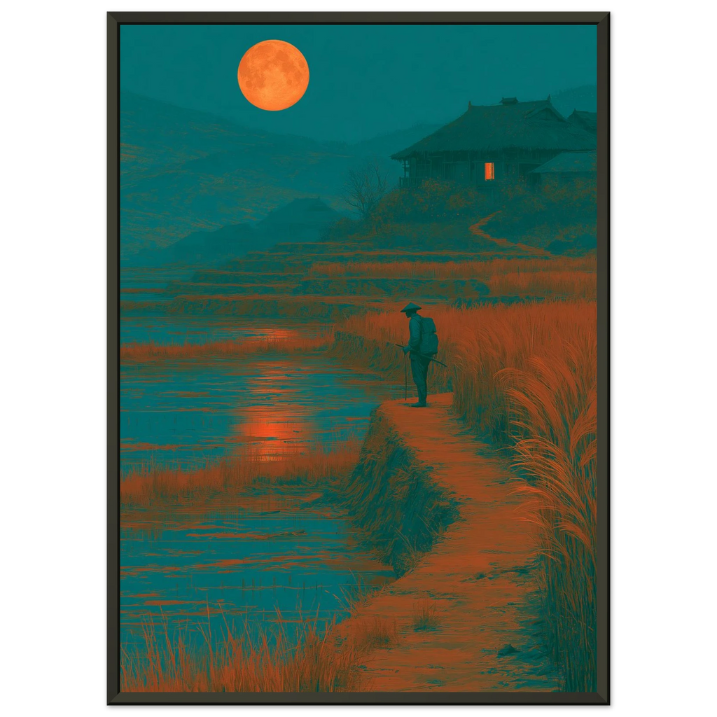 Poster Tsukimi encadré (cadre noir) — voyageur face à la pleine lune entre les rizières, affiche d'art japonais INKONAL