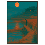 Poster Tsukimi encadré (cadre noir) — voyageur face à la pleine lune entre les rizières, affiche d'art japonais INKONAL