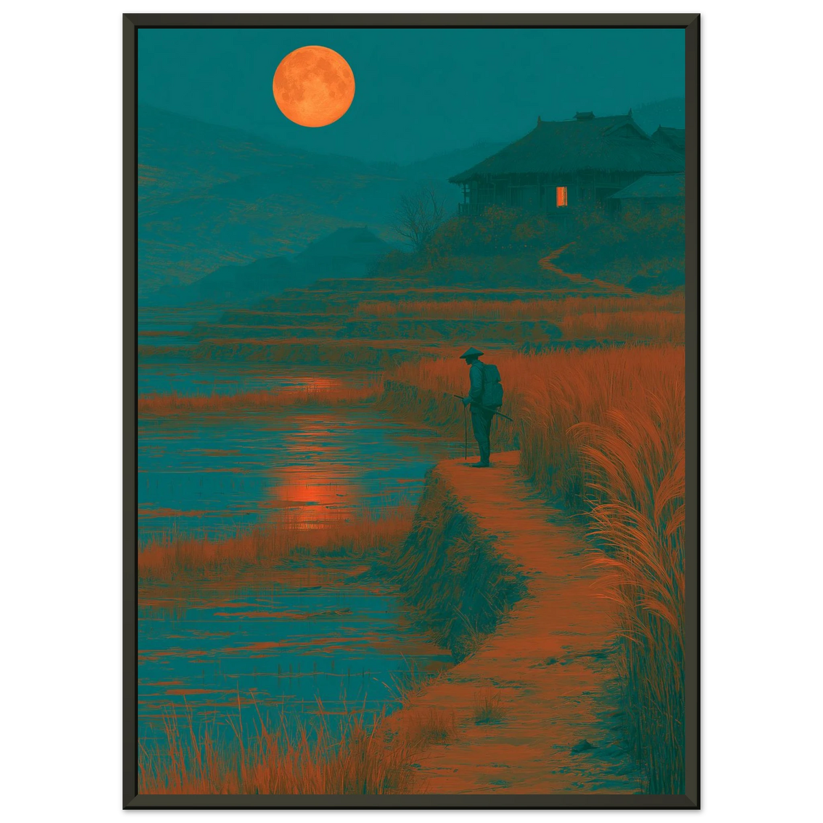 Poster Tsukimi encadré (cadre noir) — voyageur face à la pleine lune entre les rizières, affiche d'art japonais INKONAL