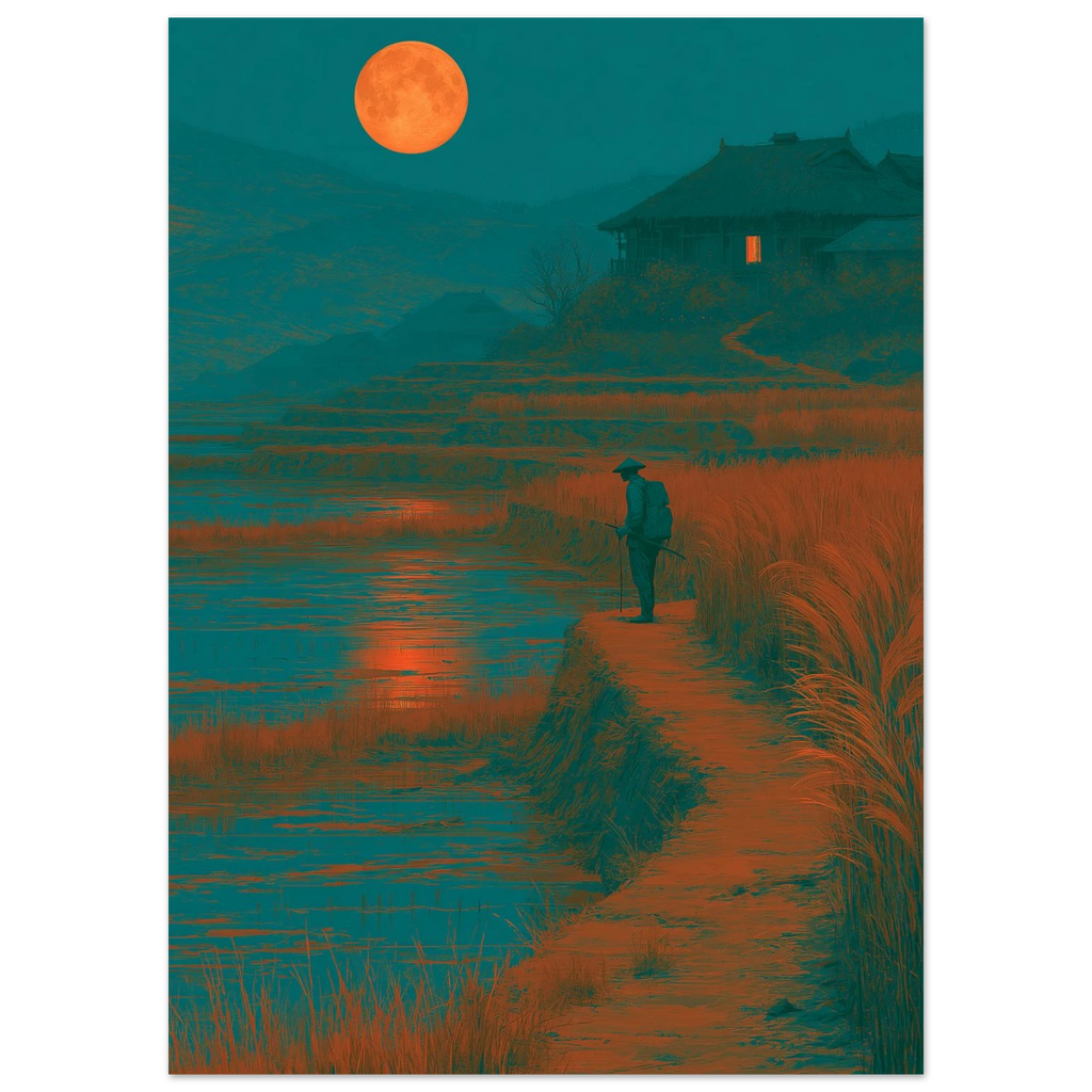 Poster Tsukimi sans cadre — voyageur face à la pleine lune entre les rizières, affiche d'art japonais INKONAL