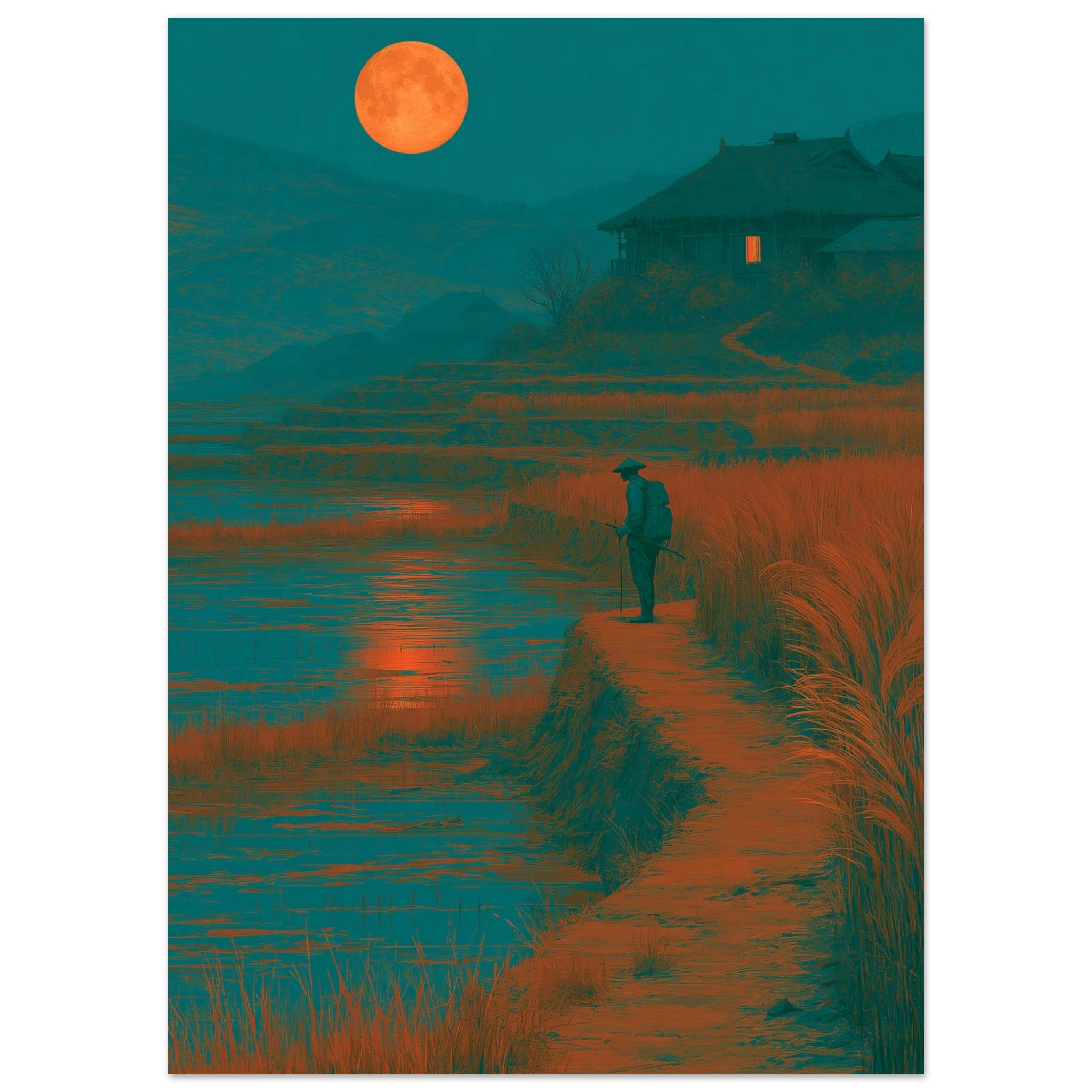 Poster Tsukimi sans cadre — voyageur face à la pleine lune entre les rizières, affiche d'art japonais INKONAL