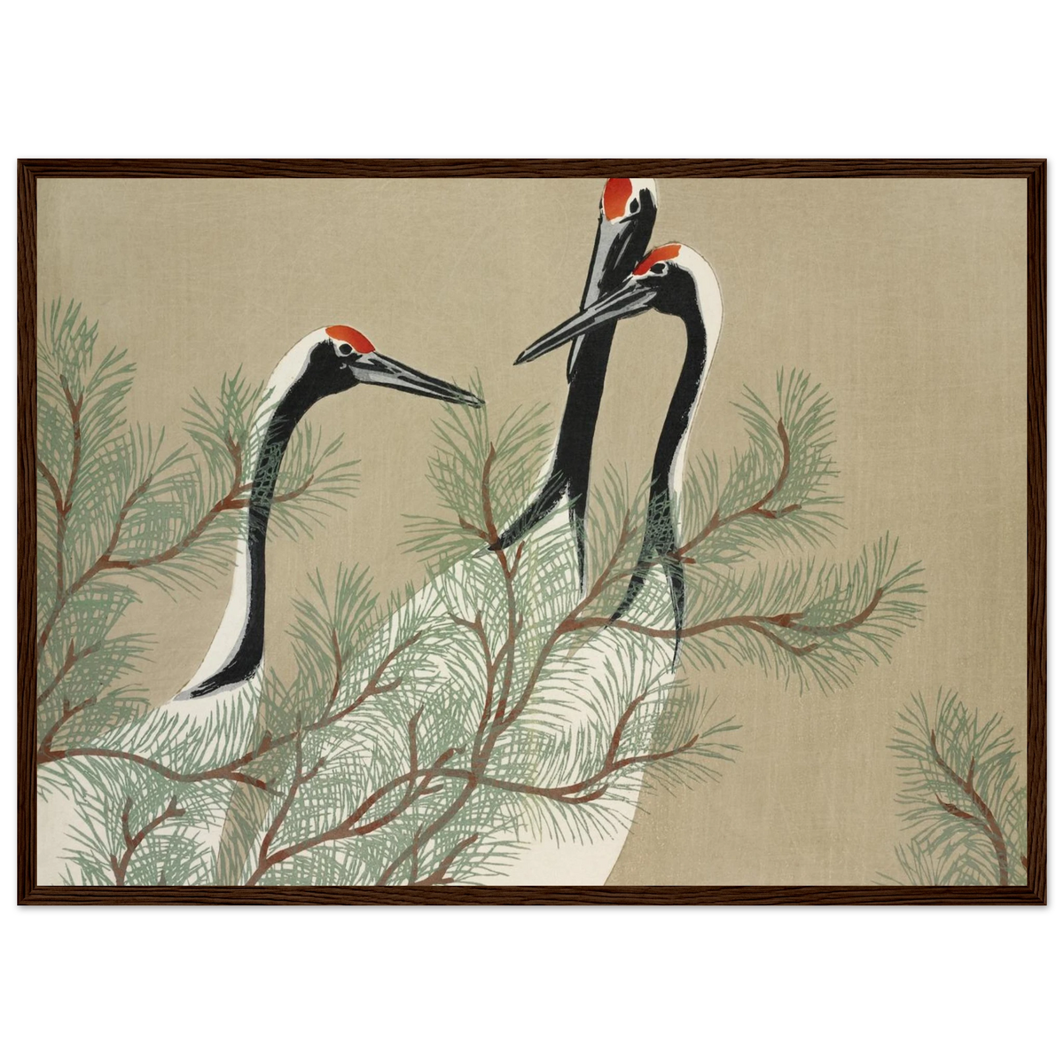 Tableau Grues — Kamisaka Sekka, tirage encadré cadre bois foncé | INKONAL