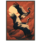 Poster Tsuru — deux grues en vol devant un disque de soleil, affiche d'art japonais INKONAL