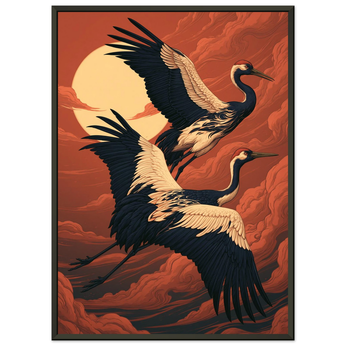 Poster Tsuru — deux grues en vol devant un disque de soleil, affiche d'art japonais INKONAL