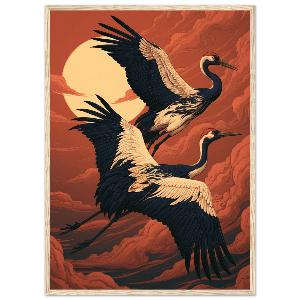 Poster Tsuru — deux grues en vol devant un disque de soleil, affiche d'art japonais INKONAL