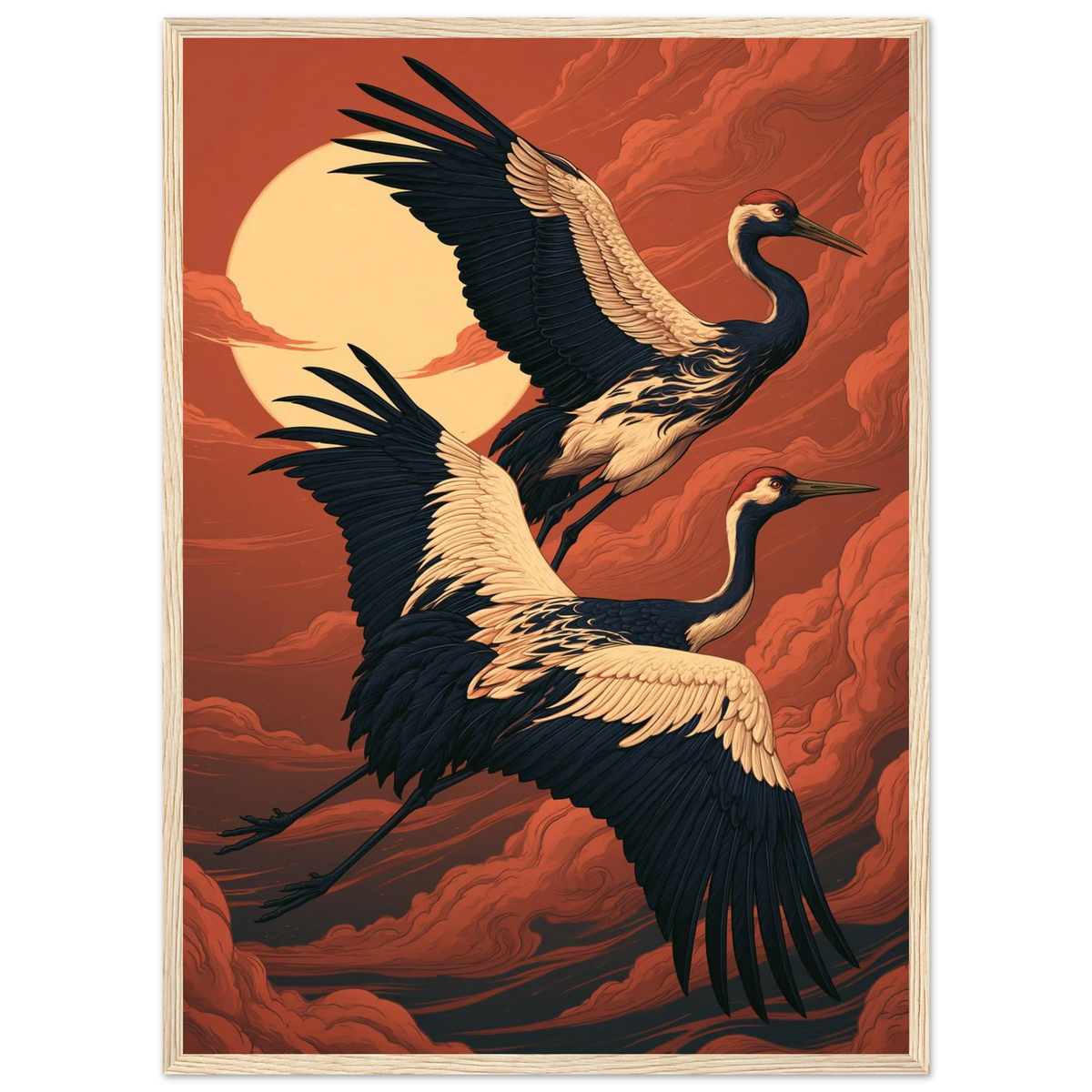 Poster Tsuru — deux grues en vol devant un disque de soleil, affiche d'art japonais INKONAL