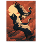 Poster Tsuru — deux grues en vol devant un disque de soleil, affiche d'art japonais INKONAL