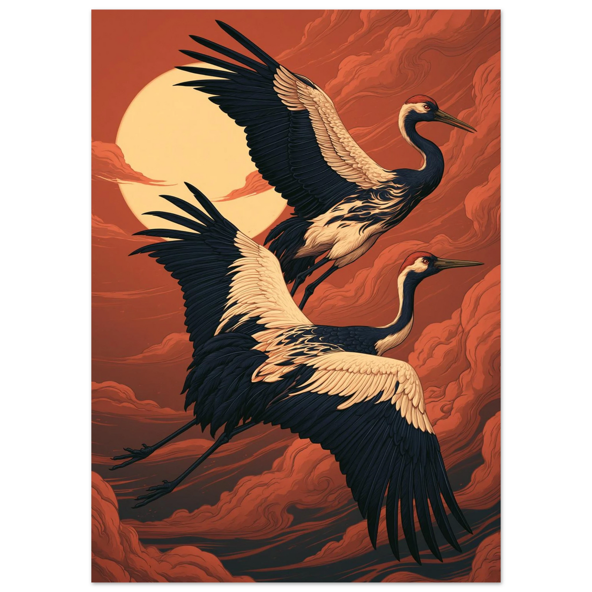 Poster Tsuru — deux grues en vol devant un disque de soleil, affiche d'art japonais INKONAL
