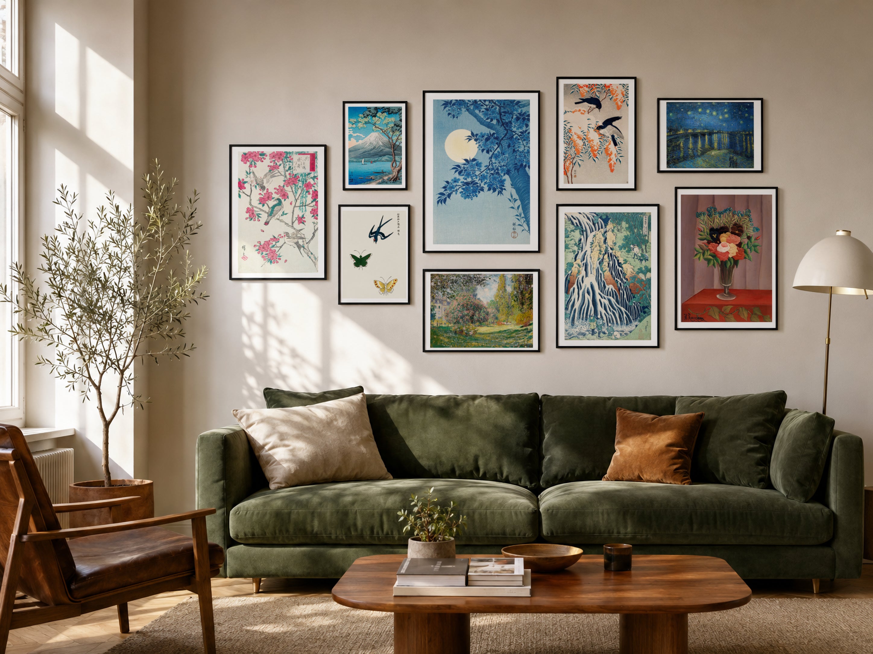 Mur de posters d'art encadrés au-dessus d'un canapé vert, INKONAL