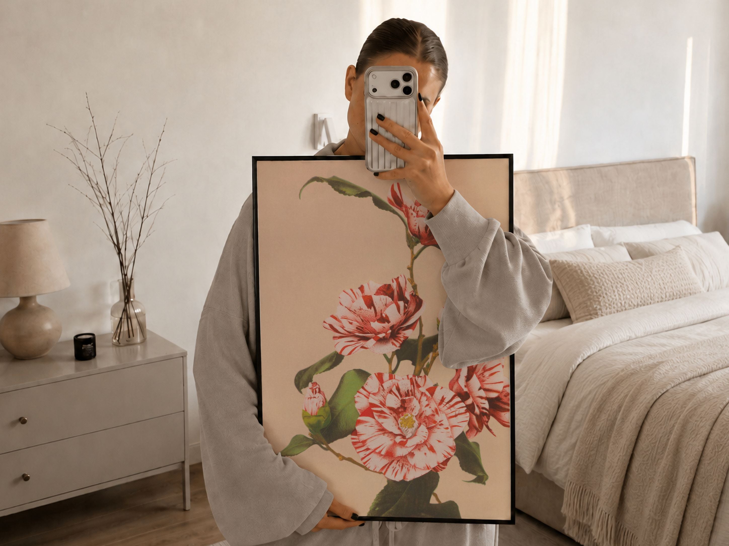 Camélias striées, Ogawa Kazumasa, affiche d'art dans un intérieur