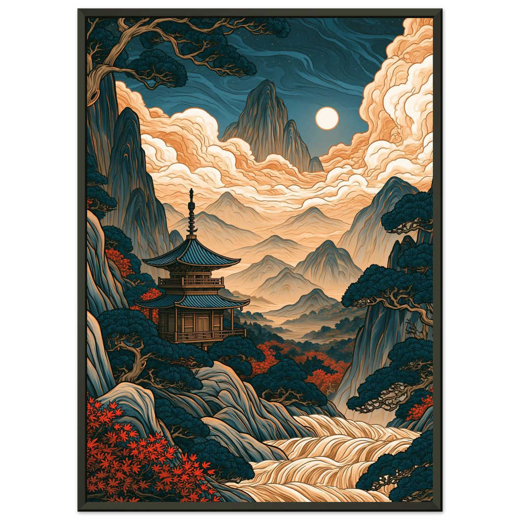 Poster Yamabiko — pagode dans une vallée entourée de crêtes montagneuses, affiche d'art japonais INKONAL