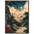 Poster Yamabiko — pagode dans une vallée entourée de crêtes montagneuses, affiche d'art japonais INKONAL