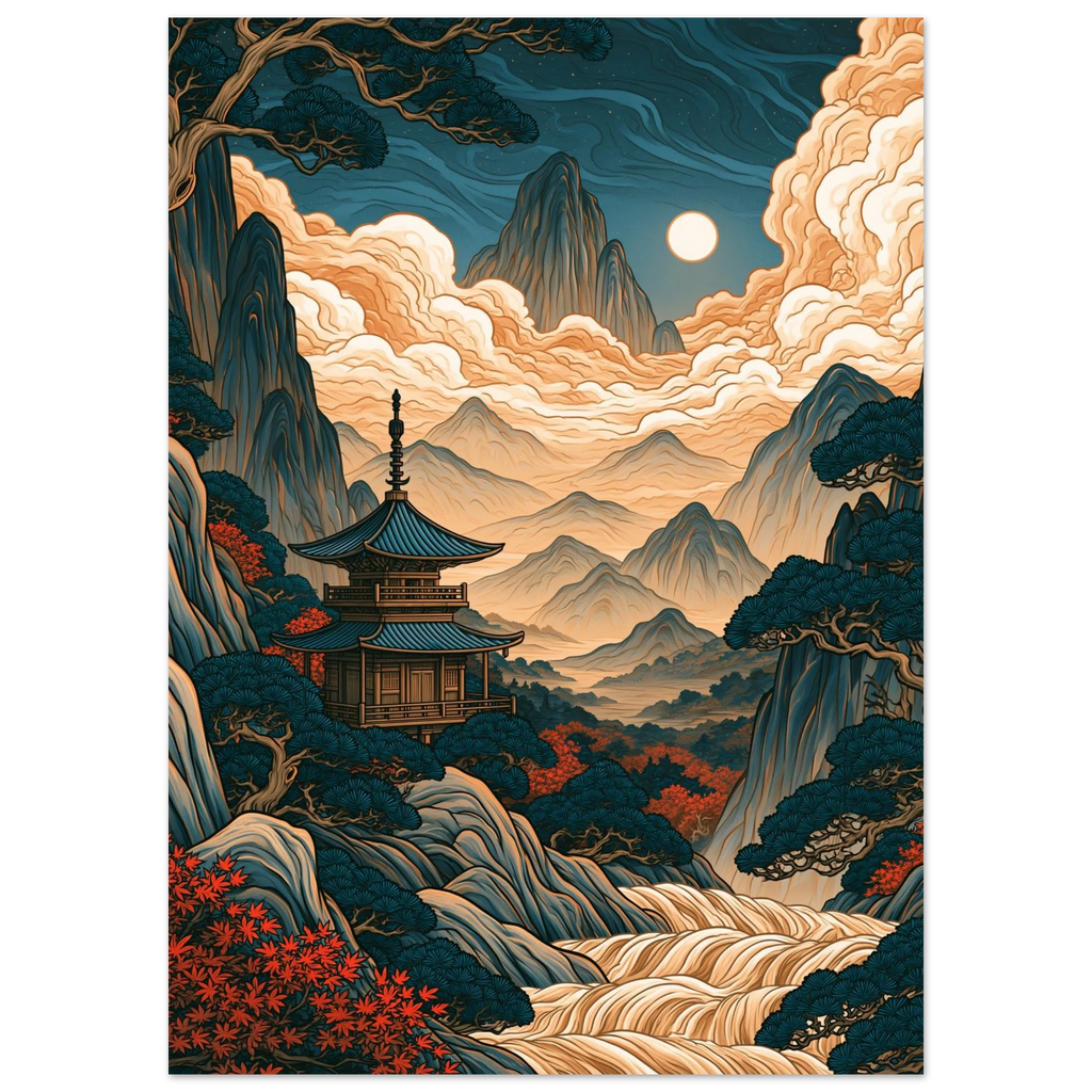 Poster Yamabiko — pagode dans une vallée entourée de crêtes montagneuses, affiche d'art japonais INKONAL