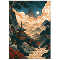 Poster Yamabiko — pagode dans une vallée entourée de crêtes montagneuses, affiche d'art japonais INKONAL