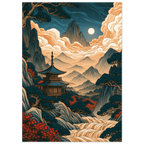 Poster Yamabiko — pagode dans une vallée entourée de crêtes montagneuses, affiche d'art japonais INKONAL
