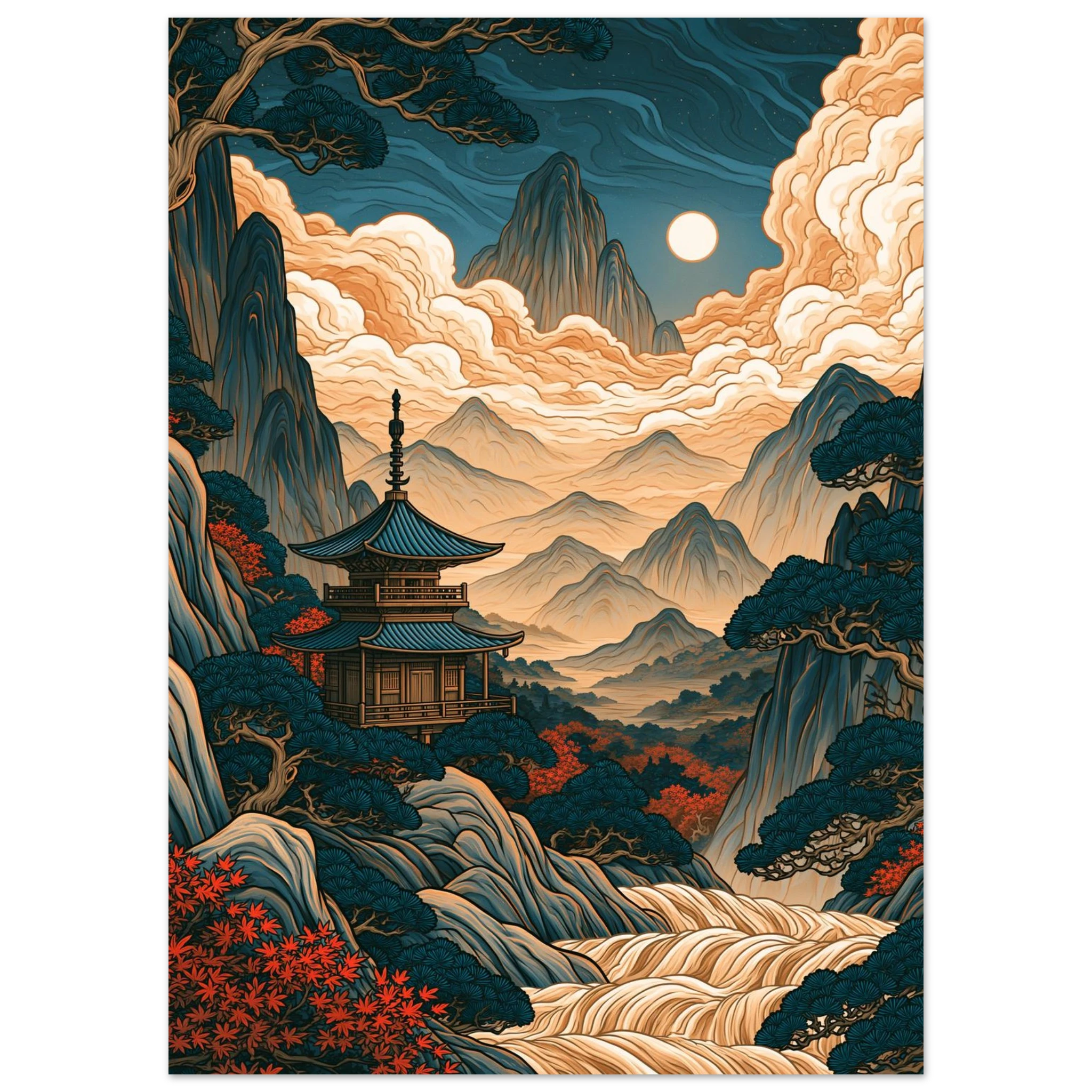 Poster Yamabiko — pagode dans une vallée entourée de crêtes montagneuses, affiche d'art japonais INKONAL