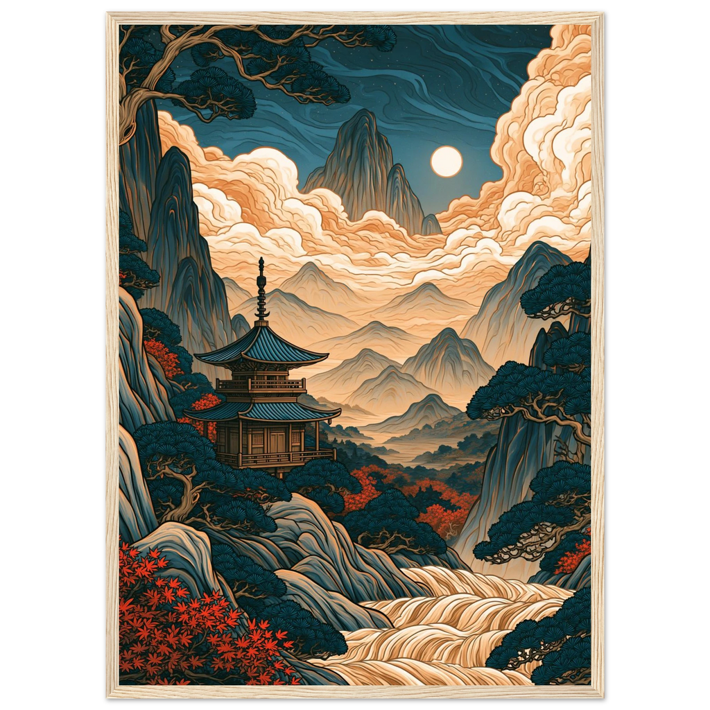 Poster Yamabiko — pagode dans une vallée entourée de crêtes montagneuses, affiche d'art japonais INKONAL