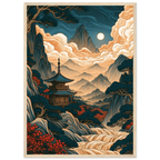 Poster Yamabiko — pagode dans une vallée entourée de crêtes montagneuses, affiche d'art japonais INKONAL