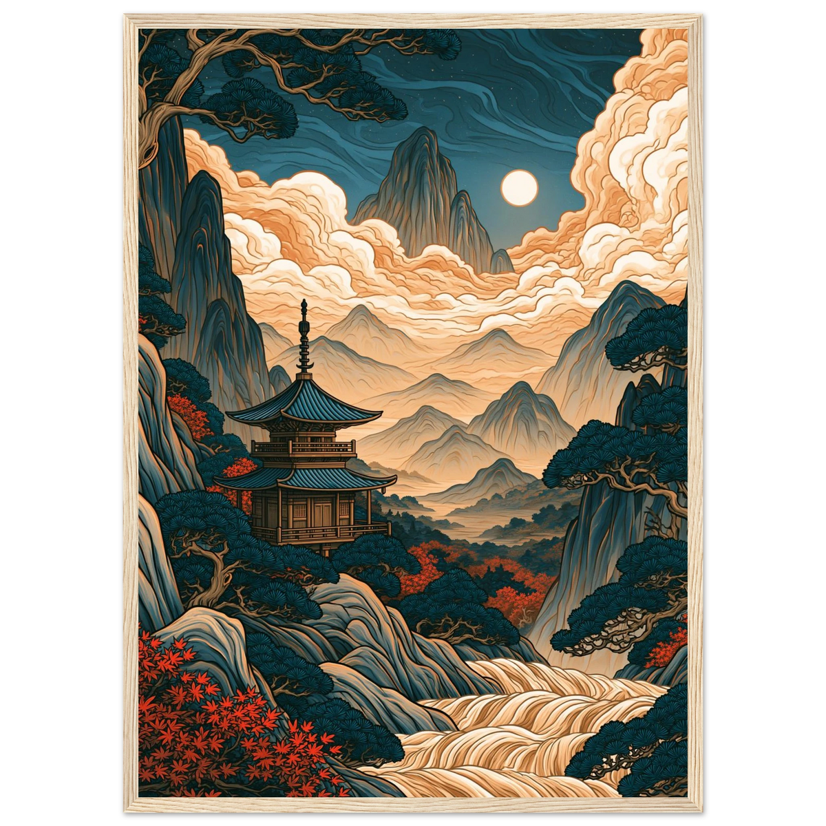 Poster Yamabiko — pagode dans une vallée entourée de crêtes montagneuses, affiche d'art japonais INKONAL