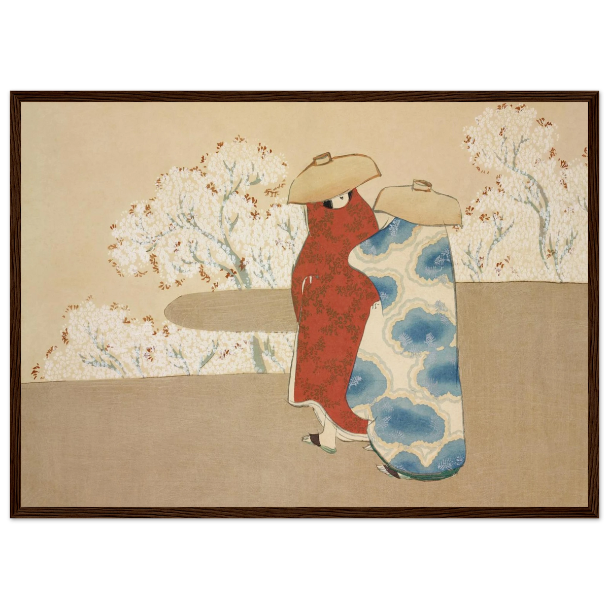 Estampe japonaise Yayoi, Le Troisième Mois — Kamisaka Sekka, tirage encadré cadre bois foncé | INKONAL