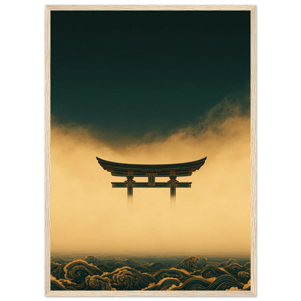 Poster Yūgen encadré (cadre bois) — torii japonais dans la brume dorée, affiche d'art INKONAL