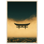 Poster Yūgen encadré (cadre bois) — torii japonais dans la brume dorée, affiche d'art INKONAL