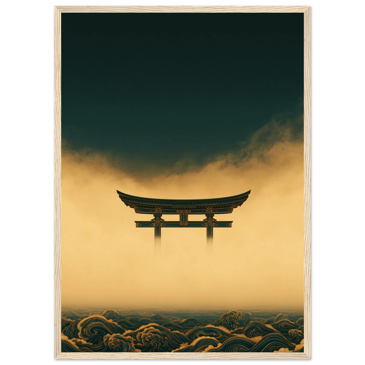 Poster Yūgen encadré (cadre bois) — torii japonais dans la brume dorée, affiche d'art INKONAL