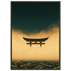 Poster Yūgen encadré (cadre noir) — torii japonais dans la brume dorée, affiche d'art INKONAL