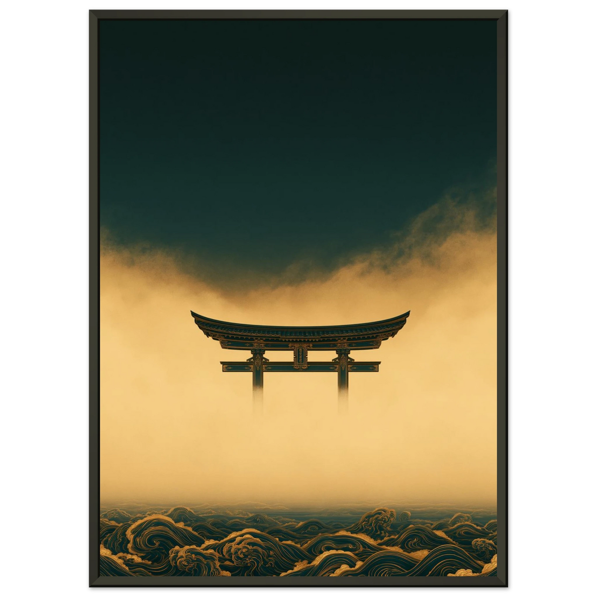 Poster Yūgen encadré (cadre noir) — torii japonais dans la brume dorée, affiche d'art INKONAL