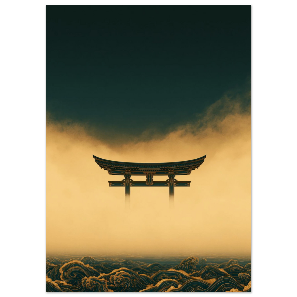 Poster Yūgen sans cadre — torii japonais dans la brume dorée, affiche d'art INKONAL