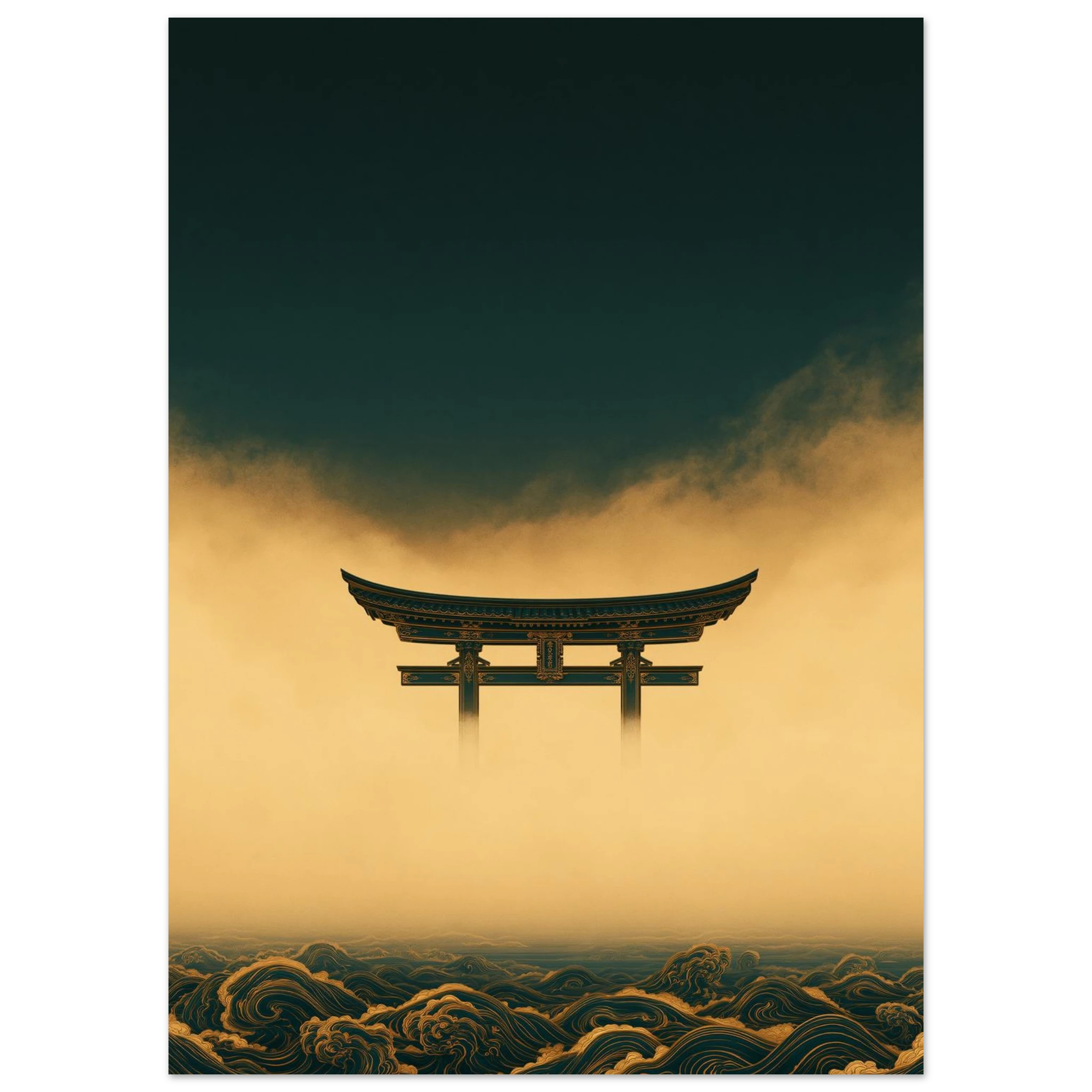 Poster Yūgen sans cadre — torii japonais dans la brume dorée, affiche d'art INKONAL